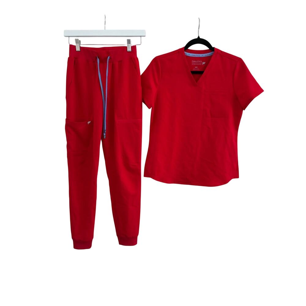 Fabletics NWOT XXS Goji Red Scrub Joggers & XXS 1 Pocket Top READ